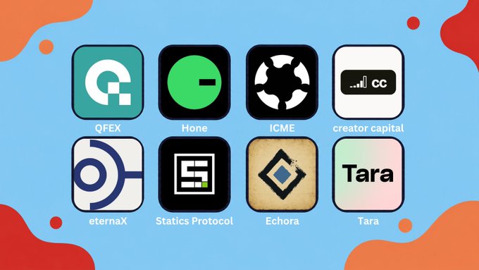 Grid of eight app icons on a blue background featuring: QFEX, Hone, ICME, creator capital, eternaX, Statics Protocol, Echora, and Tara.