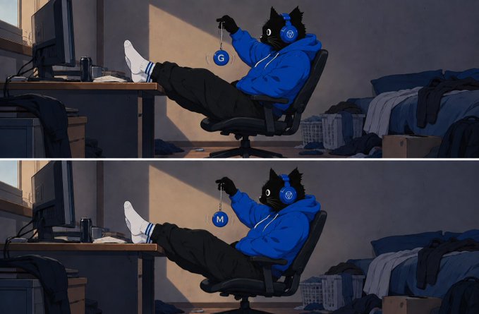 Two nearly identical illustrations depict an anthropomorphic black cat in a blue hoodie and headphones sitting with feet up on a desk, holding a pendulum with "G" in the top image and "M" in the bottom.