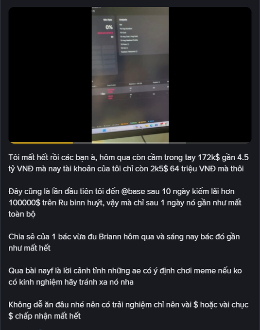 A screenshot of a computer screen showing a trading account with a percentage display, accompanied by Vietnamese text describing financial losses involving meme coins and @base.