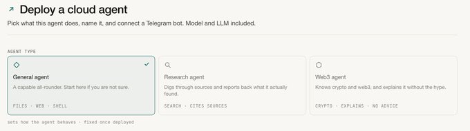 A "Deploy a cloud agent" interface showing three agent type options: General agent, Research agent, and Web3 agent, with text explaining each agent's capabilities. The image relates to the post by illustrating a platform (likely decenchro.com) that allows users to deploy secure, private AI agents—addressing concerns about data privacy and security mentioned in the accompanying text.
