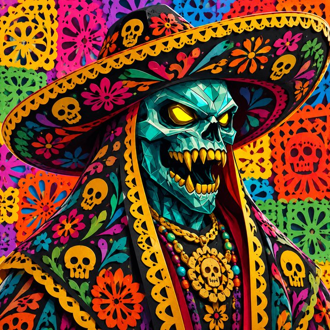 A vibrant, stylized portrait of a skeletal figure wearing a wide-brimmed sombrero, adorned with colorful flowers, skulls, and gold jewelry against a background of bright papel picado banners, reminiscent of Day of the Dead aesthetics.