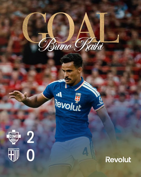 A football player graphic celebrating 'GOAL Bruno Kuki' wearing a blue jersey with 'Revolut' sponsor, showing Como 2 - 0.