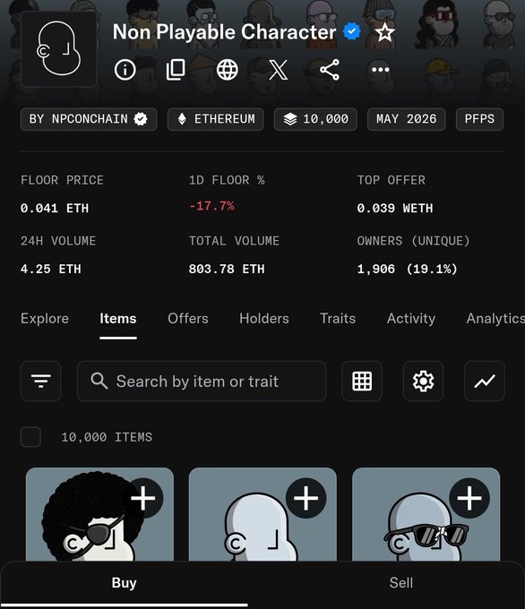 An NFT marketplace page for the 'Non Playable Character' collection by npconchain on Ethereum, showing 10,000 items, a floor price of 0.041 ETH, and 1,906 unique owners.