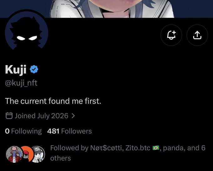 A Twitter/X profile page for 'Kuji' (@kuji_nft), a verified account joined in July 2026, with 481 followers, 0 following, and the bio 'The current found me first.'