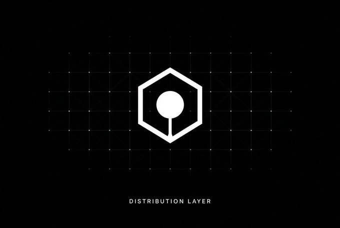A minimalist black logo on a dark grid background showing a white hexagon containing a circle on a vertical line, with the text 'DISTRIBUTION LAYER' below it.