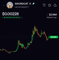 A mobile app screenshot showing the SWORDCAT token (catwif sword) trading chart with a price of $0.002228 and a market cap of $2.19M.