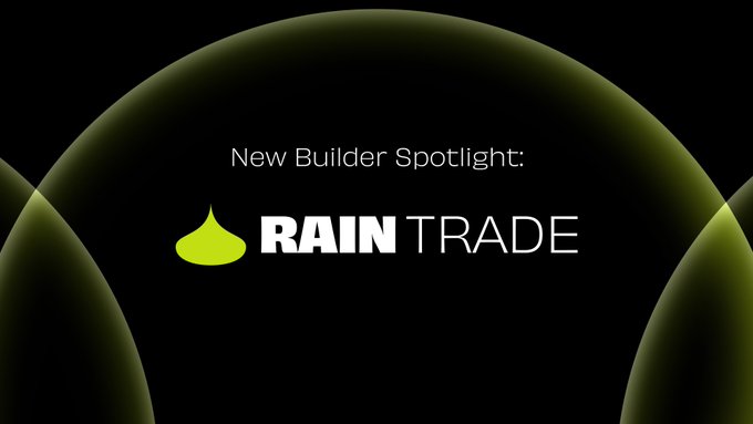 The main focus of this image is a promotional poster for "New Builder Spotlight" by Rain Trade. The background features three bright yellow circles, which surround the text "New Builder Spotlight" written in white at the top center of the image. Below the circles, there's additional information about the platform, including its name and a description of what it does.