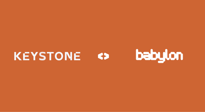 A graphic on an orange background displaying the text 'KEYSTONE' and 'babylon' separated by code brackets, indicating a partnership or integration between the two.