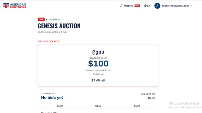 A screenshot of an American Fortress Genesis Auction webpage showing an '@gpu' item with a starting price of $100, no bids yet, and 27:40 left on the timer.