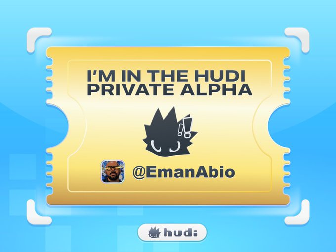 A golden ticket-style graphic styled like a Willy Wonka pass, declaring "I'M IN THE HUDI PRIVATE ALPHA" with the username "@EmanAbio," a Hudi logo at the bottom, and an avatar of a character wearing sunglasses—fittingly framed as a "golden ticket" to exclusive access on the Hudi global markets trading platform.
