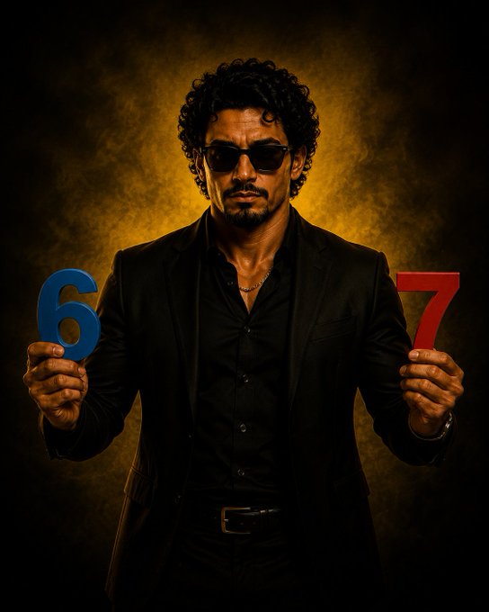 A man in a black suit and sunglasses holding up a blue number '6' in his right hand and a red number '7' in his left hand against a golden smoky background.
