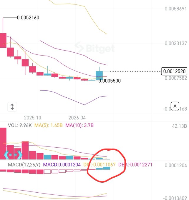 A Bitget trading chart with candlesticks, moving average lines, and an MACD indicator circled in red showing a potential bullish crossover with DIF: -0.0011067 and DEA: -0.0012271.