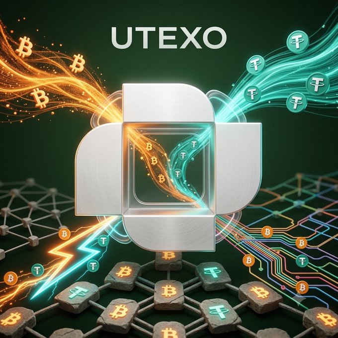A digital illustration showing a 3D logo labeled 'UTEXO' in the center, with orange streams of Bitcoin symbols on the left and green streams of Tether symbols on the right, all sitting on a blockchain network of stone blocks.