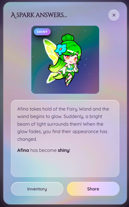 The image shows a mobile app screen titled "A SPARK ANSWERS..." featuring a green-haired fairy character labeled "SHINY" with wings, alongside text describing how "Afina has become shiny!" after holding the Fairy Wand, with "Inventory" and "Share" buttons at the bottom.

The image illustrates the accompanying post by showing the moment the Afina veDUST NFT successfully transforms into its shiny variant on the Neverland Money platform.