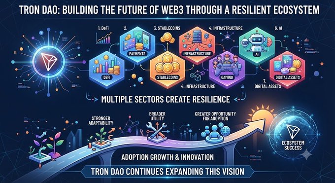 An infographic titled "TRON DAO: BUILDING THE FUTURE OF WEB3 THROUGH A RESILIENT ECOSYSTEM" displays interconnected hexagonal icons representing multiple sectors—DeFi (1), Payments (2), Stablecoins (3), Infrastructure (4), AI (6), Gaming, and Digital Assets (7, NFT)—with the caption "Multiple Sectors Create Resilience" and a growth arrow leading to "Ecosystem Success," visually reinforcing the post's message about TRON DAO's diverse, multi-sector approach to Web3 development.