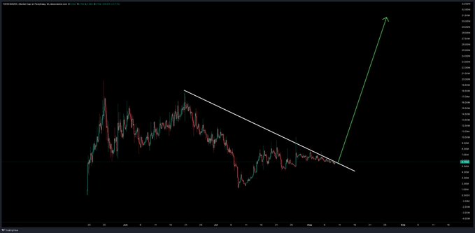 A TradingView candlestick chart of ticker "TOES/USD" displays a descending trendline with a green arrow projecting a sharp breakout to new all-time highs, supporting the post's bullish prediction.