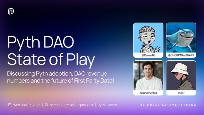 The image displays a logo for a discussion about Pyth DaO state of play, with four men featuring cartoon faces above text that reads "discussing Pyth DaO state of play", "dao revenue numbers and the future of first party data", and an event date on the bottom left. The main focus is on one man wearing a hat in the center who has a small white speech bubble containing the text "@PythNetwork".