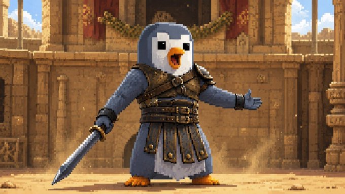 In the image, a penguin wearing a knight's costume stands with its sword raised high. The penguin has a large smile on its face as if ready for battle or a grand occasion. The background features a castle surrounded by trees, creating an immersive scene that connects to the image and its associated post.
