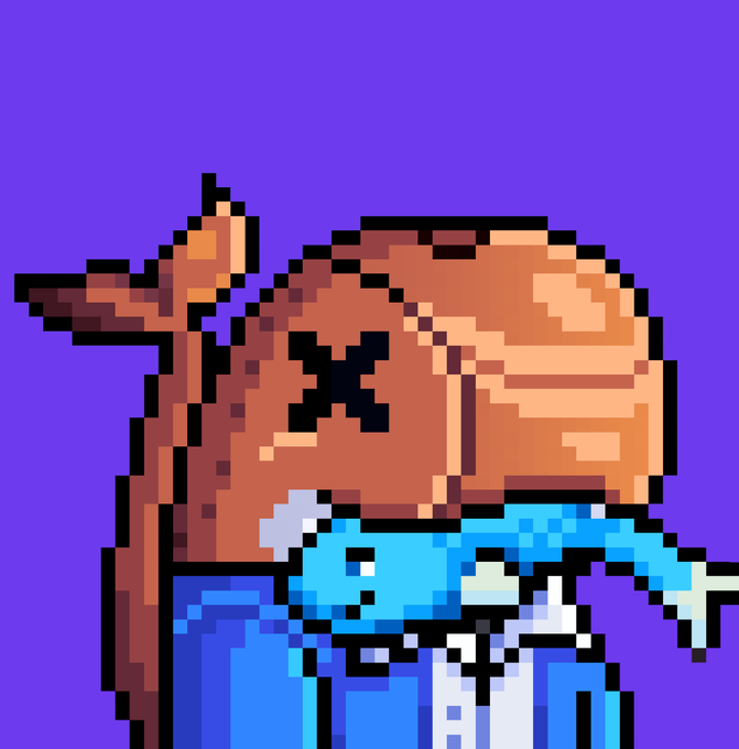 A pixel art illustration of a brown snail with an X-shaped mark sitting on a character wearing a blue outfit, set against a purple background.