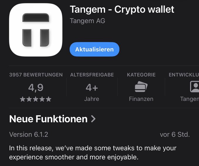 App Store listing for Tangem Crypto Wallet by Tangem AG with a 4.9 rating from 3,957 reviews, showing the latest version 6.1.2 update.