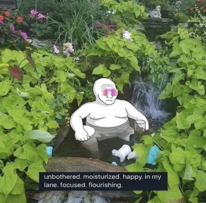 A cartoon figure wearing pink sunglasses sits relaxed in a lush garden, with a caption reading "unbothered. moisturized. happy. in my lane. focused. flourishing."