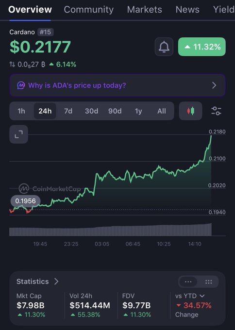 A CoinMarketCap chart shows Cardano (ADA) at $0.2177, up 11.32% in 24h, with market cap of $7.98B.