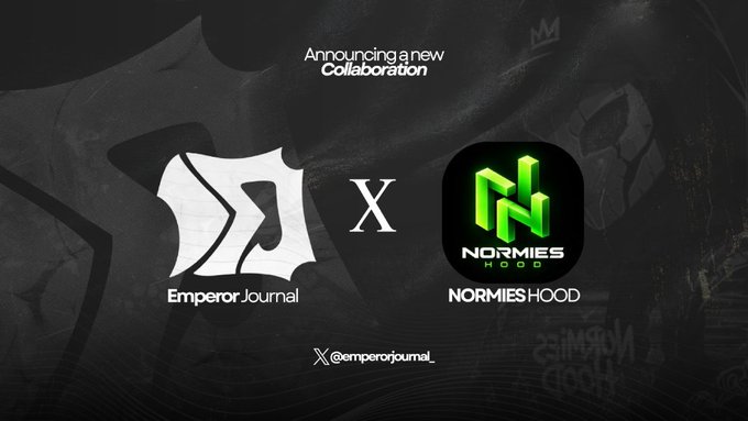 The image is a collaboration announcement between Emperor Journal and NormiesHood, featuring a dark grunge-style background with both logos prominently displayed alongside the text "Announcing a new Collaboration" and the handle "@emperorjournal_" below.