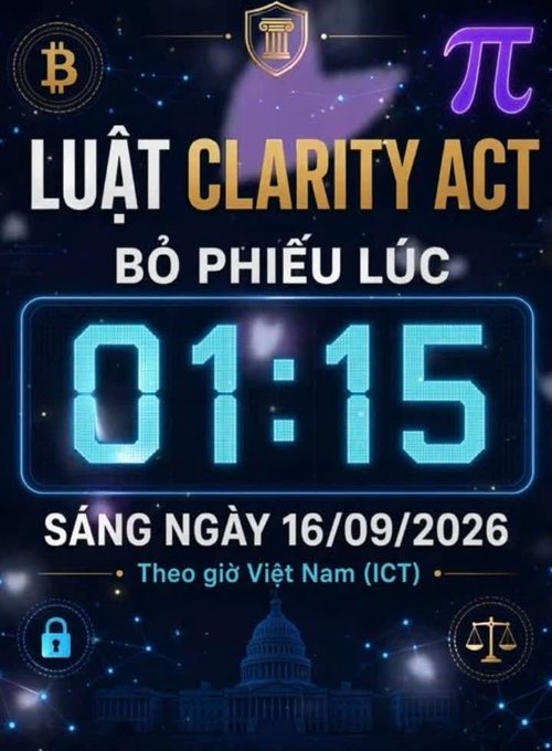 A digital countdown graphic reading 'LUẬT CLARITY ACT BỎ PHIẾU LÚC' (Clarity Act voting time) showing '01:15' until 'SÁNG NGÀY 16/09/2026' (Morning of September 16, 2026) Vietnam time, with Bitcoin and Pi symbols.