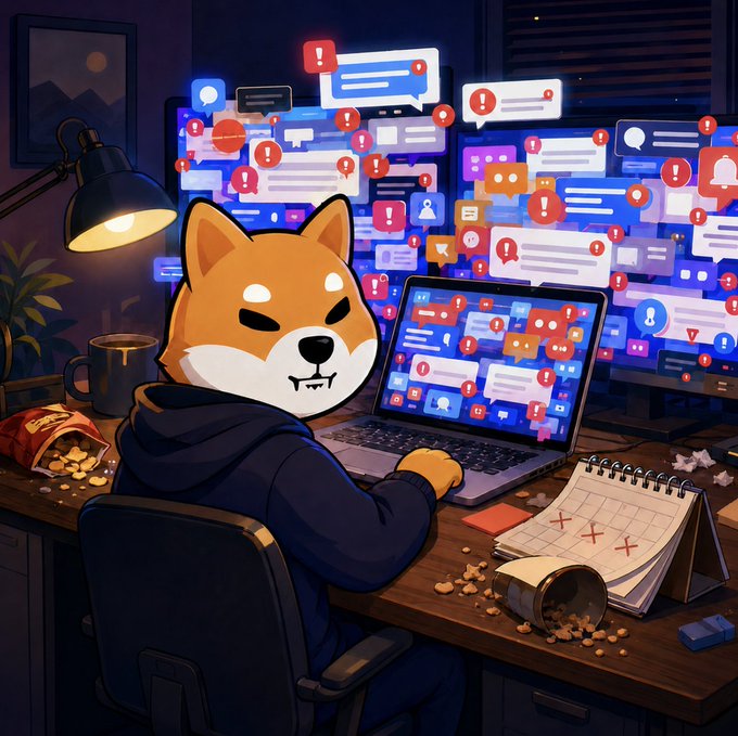 An anthropomorphic Shiba Inu in a dark hoodie sits at a cluttered desk, wearily staring at a laptop overwhelmed by hundreds of red exclamation-mark notifications, with a calendar marked with X's beside a knocked-over snack cup. The image humorously visualizes the post's sentiment of dread upon returning online to an avalanche of missed alerts and pings.