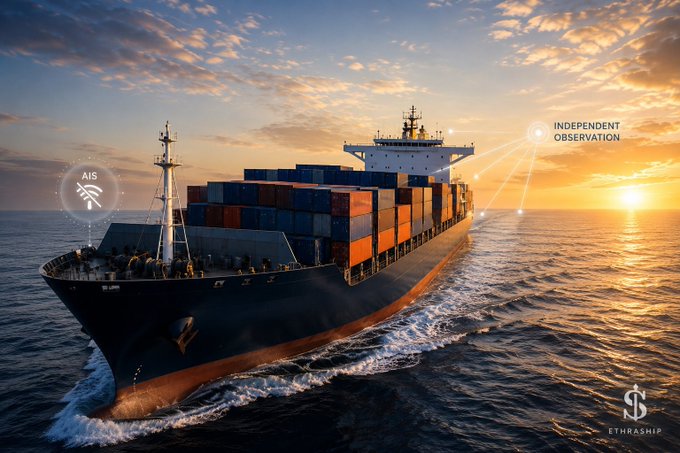 A large container ship sails on the ocean at sunset, overlaid with graphics labeled 'AIS' and 'INDEPENDENT OBSERVATION', with the 'ETH RASHID' logo visible in the corner.