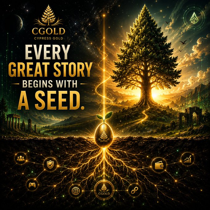 A split landscape depicts a small glowing sprout with deep golden roots on the left under a starry sky, and a towering mature tree bathed in golden sunlight on the right, visually mirroring the journey from seed to forest described in the post. The image features the "CGOLD CYPRESS GOLD" logo and the tagline "EVERY GREAT STORY BEGINS WITH A SEED," with surrounding icons symbolizing the growing community and connections tied to #CGOLD and #TON.