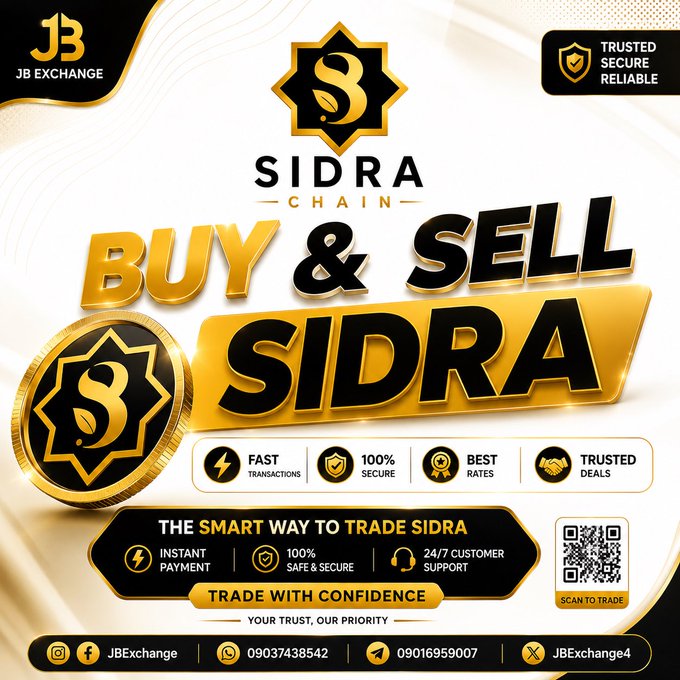 An advertisement graphic for "JB EXCHANGE" promoting the buying and selling of "SIDRA CHAIN" cryptocurrency, featuring gold and black branding, a QR code, and contact numbers.