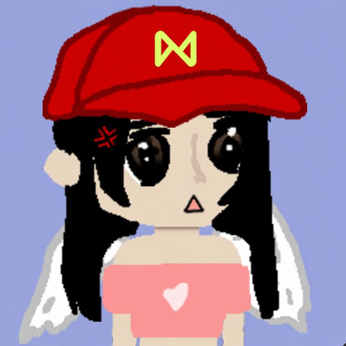 A cartoon drawing of a chibi-style girl with long black hair, a red cap with a yellow bow logo, a red vein anger mark, and a pink top with a heart.