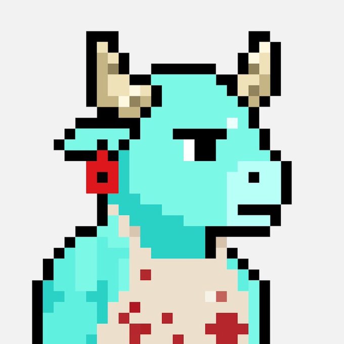 A pixel art character of a cyan-blue horned creature with red markings and a tattered white shirt.