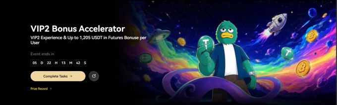 A promotional graphic for 'VIP2 Bonus Accelerator' shows a countdown timer, a cartoon duck character, and text mentioning '1,205 USDT in Futures Bonus per User'.