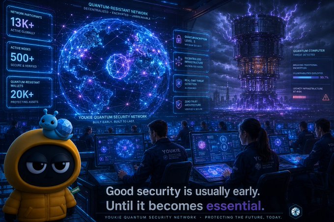The image features a cartoon character wearing an orange hoodie with a blue headband sitting at a computer desk surrounded by other characters dressed similarly, all of them working on computers. The scene appears to be set in a futuristic environment where people are using advanced technology for various tasks. In the background, there is a large screen displaying information about Quantum Computing and how it can help protect data privacy. The image also includes text that reads "Good security is usually early. Until it becomes essential."