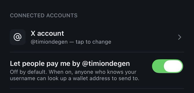 A screenshot showing the "Connected Accounts" settings panel with an X account (@timiondegen) linked and a toggle switched on to "Let people pay me by @timiondegen," demonstrating the PayBox feature referenced in the post that allows users to send payments using X usernames instead of Solana addresses.