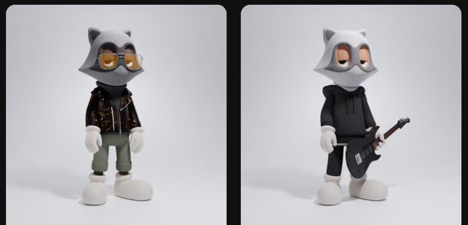 Two 3D-rendered anthropomorphic cat-like figures are displayed side by side; the left figure wears yellow sunglasses and a black leather jacket over green pants, while the right figure wears a black hoodie and holds an electric guitar.