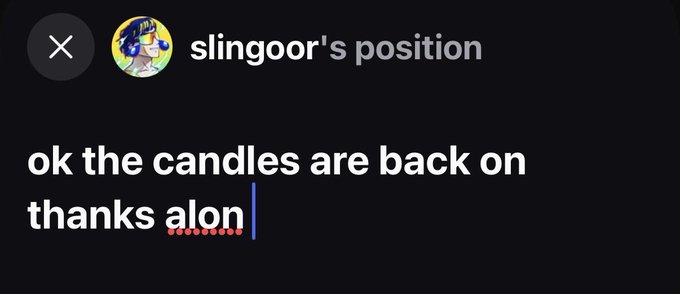 A screenshot of a chat message from a user named 'slingoor's position' that reads 'ok the candles are back on thanks alon' with a dotted red underline under 'alon'.