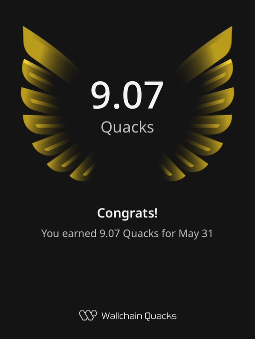 The image features a poster with an illustration of a bird's wing, which has the number 9.07 printed below it. The text "Just earned 9.07 Quacks" suggests that someone has achieved a high score or won something related to the Quacks game. The poster also includes a message about receiving Quacks for May 31 and mentions Wallchain Quacks as the source of this achievement.