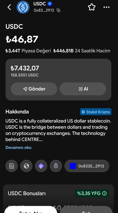 This image shows the USDC coin's current price and market data, likely within a cryptocurrency wallet application, illustrating the possibility of earning through holding USDC as mentioned in the accompanying post. The display of USDC and its value directly relates to the post's discussion on earning passive income by holding it.