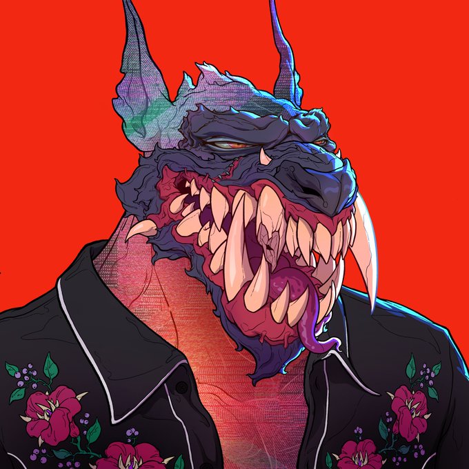 A comic-style illustration shows a menacing, anthropomorphic dragon or reptilian creature with sharp teeth and a purple tongue, wearing a black western-style shirt adorned with pink floral embroidery against a bright red background.
