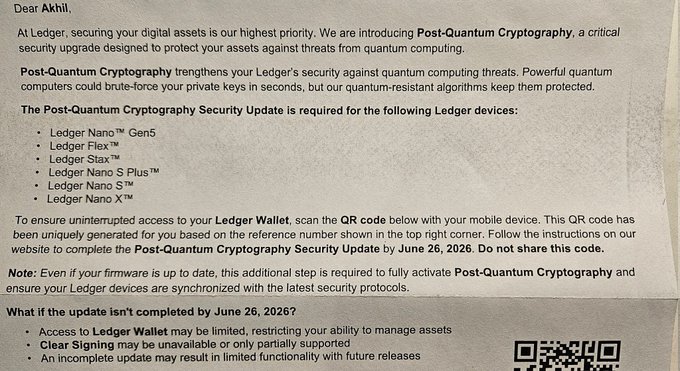 The image shows a letter addressed to an account holder named @ledger, which contains information about a security update for their Ledger wallet. The email also mentions that the update is available for download at the bottom of the message.
