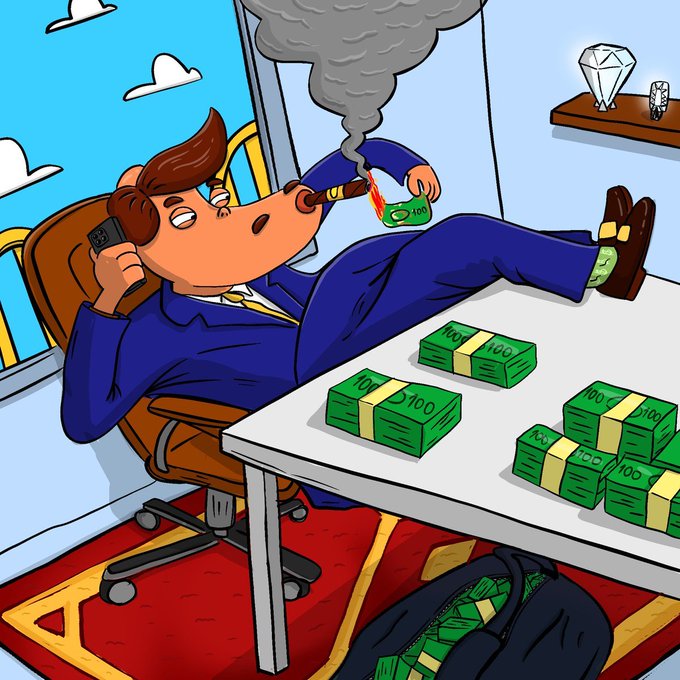 A cartoon man in a blue suit lounges with his feet on a desk, smoking a cigar while holding a "$100" bill to a flame, surrounded by stacks of "$100" cash and a bag of money—matching the post's celebration of selling out an NFT collection on OpenSea.