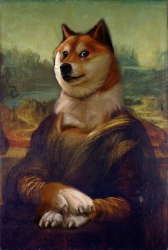 The image is a parody of the Mona Lisa with the subject's face replaced by that of a Shiba Inu dog. It humorously aligns with the "$DOGE" post, visually connecting the classic art reference to the popular Dogecoin meme and cryptocurrency.
