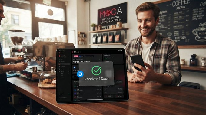 A promotional image showing a smiling barista at a MOCA coffee shop alongside a tablet running the Dash crypto payment system that confirms receiving 1 Dash.