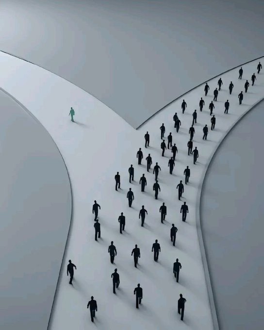 An illustration showing a crowd of black silhouetted figures walking along curved white paths, with one small green figure standing alone on a separate path.