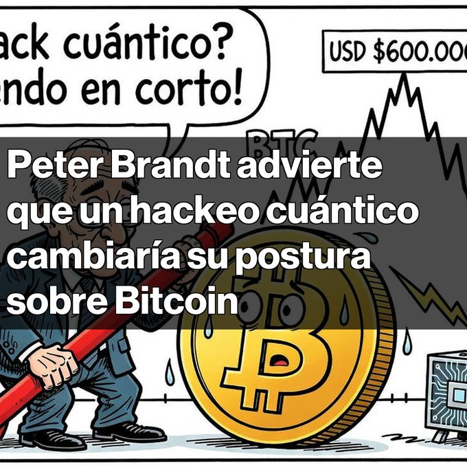 Spanish-language crypto cartoon showing a man confronting a sweating Bitcoin coin, with text reading 'Peter Brandt advierte que un hackeo cuántico cambiaría su postura sobre Bitcoin' and 'USD $600.000' visible.