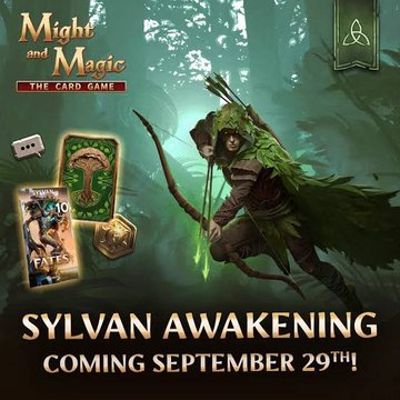 Promotional image for 'Might and Magic: The Card Game - Sylvan Awakening' featuring a forest archer with a green hood and bow, announcing a release date of 'Coming September 29th!'.