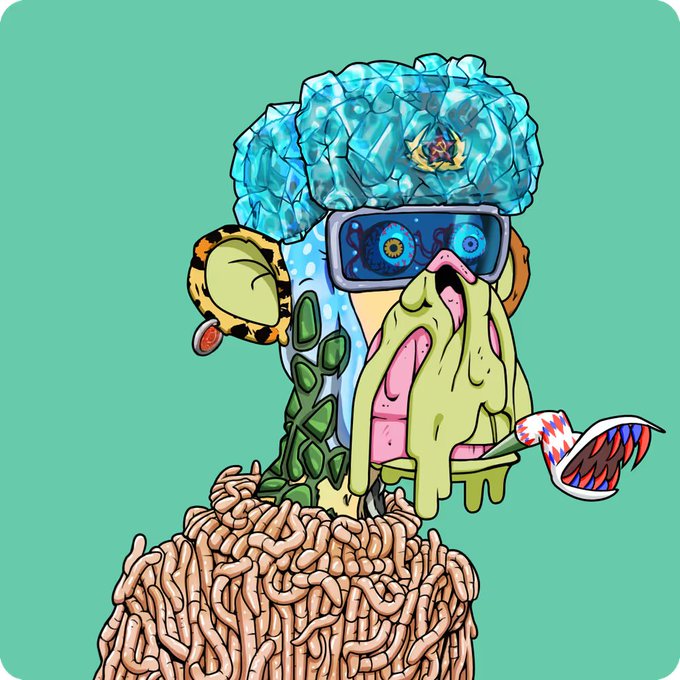 A surreal digital artwork of a melting green creature with crystal-like blue hair, wearing futuristic sunglasses and sitting in a nest of worms.